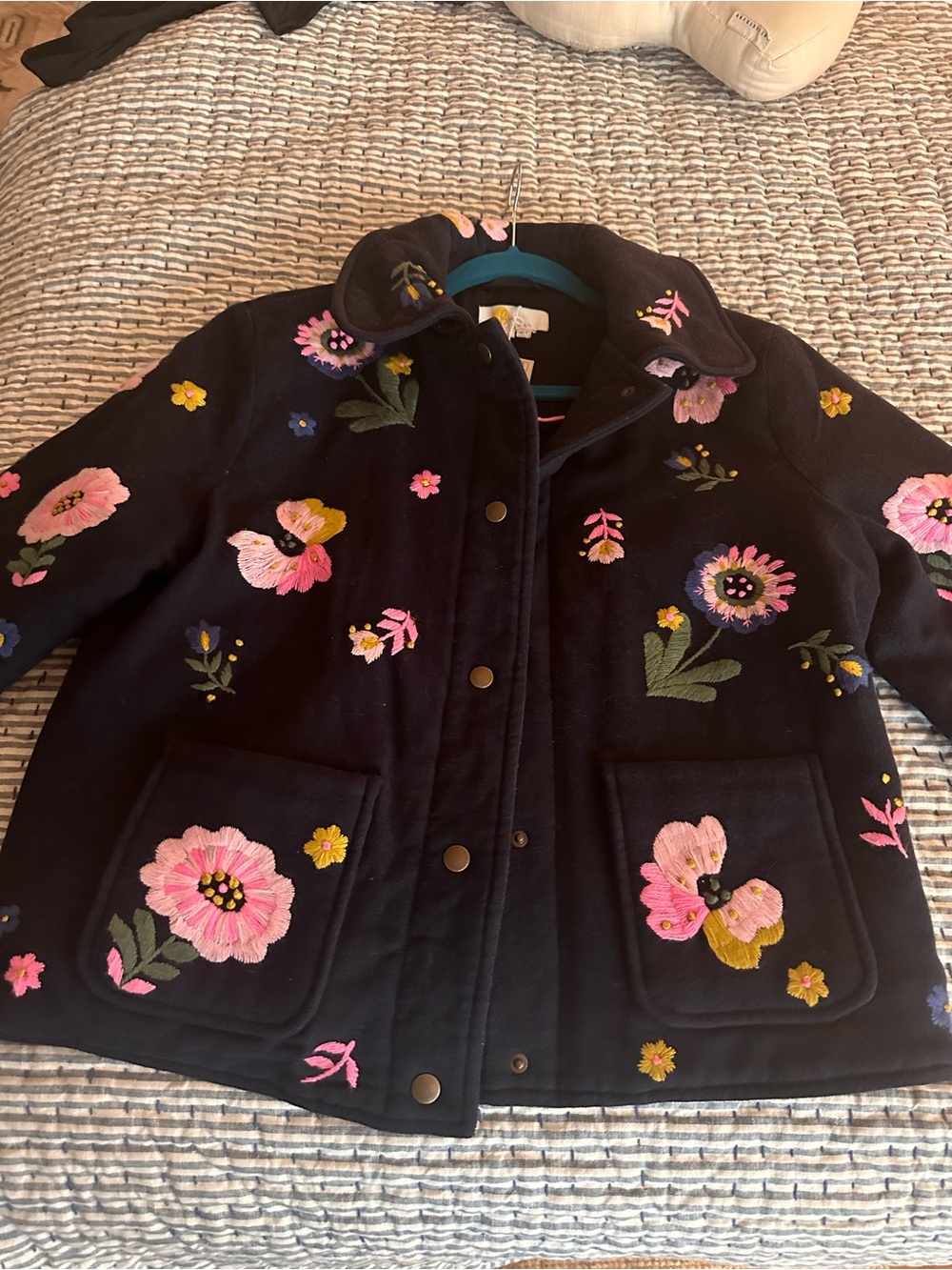 Boden navy Pea Coat with Pink & Yellow Floral Embroidery - Picture 4 of 8
